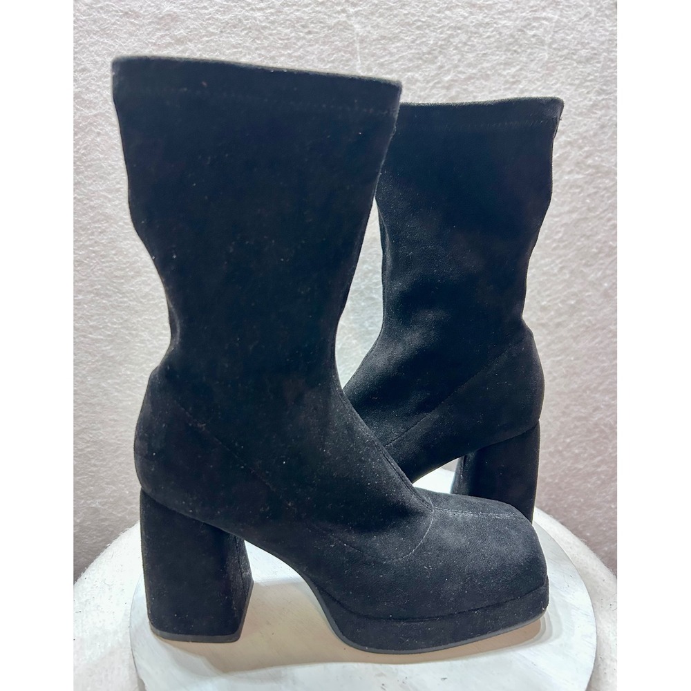 Black Faux Suede Square Toe Platform Block Heel Sock Boots Size 40